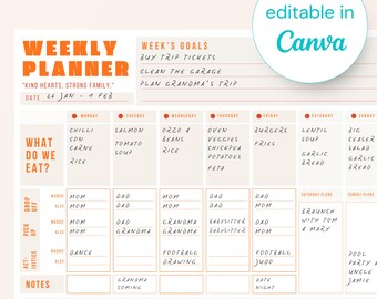 Weekly Family Planner for 2 Kids | Modern Printable Family Schedule | Meals, Pick-Ups & Goals