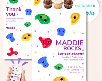 Ultimate Rock Climbing Birthday Party Pack | Party Invite & GIF, Welcome Sign, Thank you notes, snack toppers | Editable Canva |