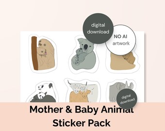 Mother & Baby Animal Sticker Pack • Boho Nursery Stickers • Digital Stickers for Journals, Scrapbooking and Gifts