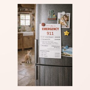 Pu&ograve; includere: Un frigorifero in acciaio inossidabile con un foglio di contatto di emergenza per animali domestici, magneti e una foto. Un gatto rosso &egrave; seduto sul pavimento. Il foglio di contatto di emergenza ha il numero 911 in rosso.