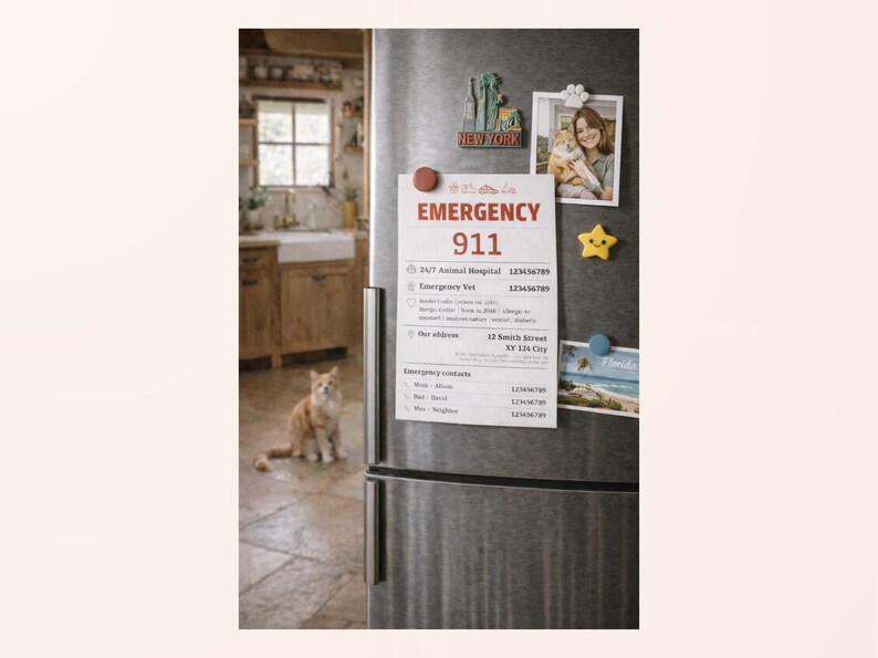 Pu&ograve; includere: Un frigorifero in acciaio inossidabile con un foglio di contatto di emergenza per animali domestici, magneti e una foto. Un gatto rosso &egrave; seduto sul pavimento. Il foglio di contatto di emergenza ha il numero 911 in rosso.