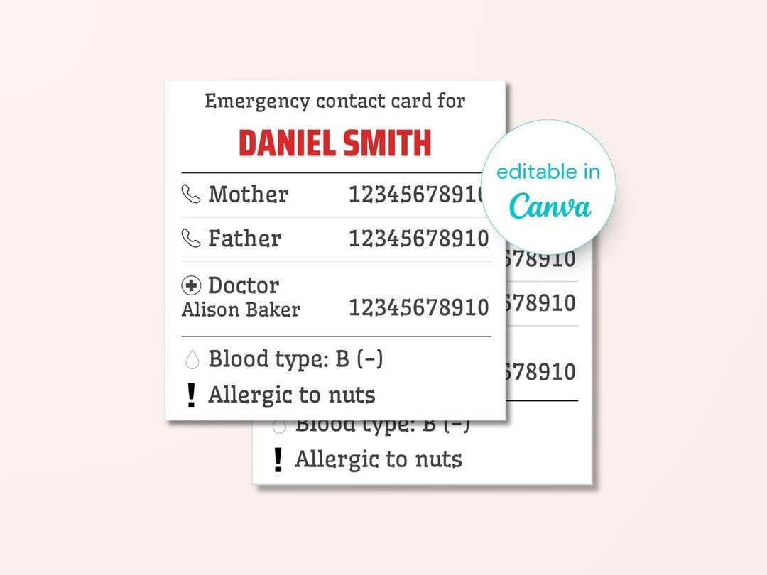 Emergency Contact Card and Sticker for Kids Printable | Bag, Jacket ...