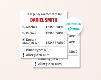 Emergency Contact Card and Sticker for Kids Printable | Bag, Jacket, Car Seat | Child Safety | Editable in Canva
