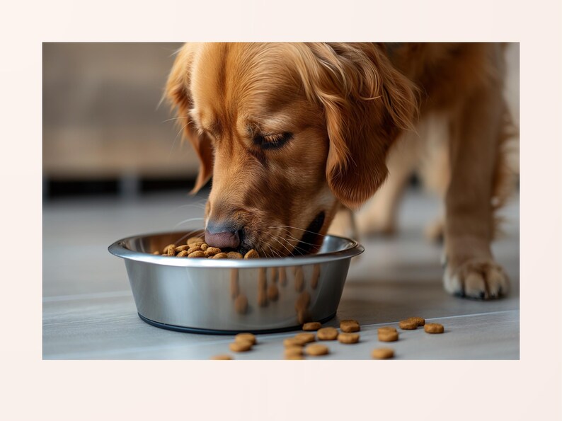 Pu&ograve; includere: Un golden retriever mangia da una ciotola per cani in acciaio inossidabile. La testa del cane &egrave; abbassata, concentrata sul cibo. Crocchette marroni sono visibili nella ciotola e sparse sul pavimento. Il pelo del cane &egrave; di un caldo colore marrone chiaro.