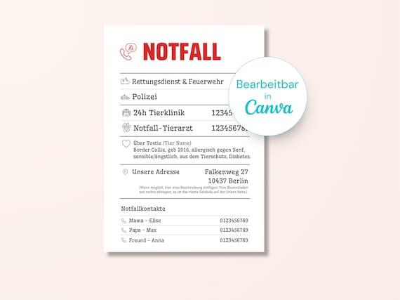 Notfall-Kontaktblatt für Haustiere • Druckvorlage für Tierbetreuung • Notfallformular für Hunde & Katzen • In Canva bearbeitbar