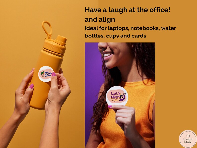 May include: Mustard-colored water bottle with a round sticker being applied. The sticker has a green and pink design with the words "Eco-friendly" and "align". The image also shows a person holding a sticker that says "Let's align".