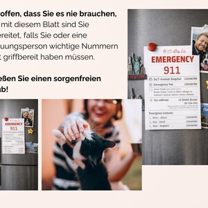 Pu&ograve; includere: Un frigorifero con un magnete che mostra informazioni di contatto di emergenza, incluso il testo "EMERGENCY 911". L'immagine include anche una foto di una coppia con un cane, un magnete a forma di stella e una foto dell'Italia.