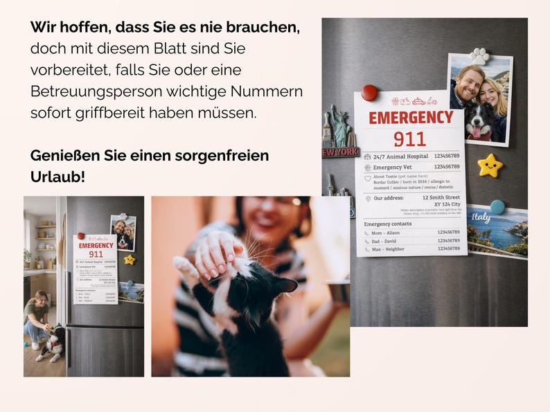 Pu&ograve; includere: Un frigorifero con un magnete che mostra informazioni di contatto di emergenza, incluso il testo "EMERGENCY 911". L'immagine include anche una foto di una coppia con un cane, un magnete a forma di stella e una foto dell'Italia.