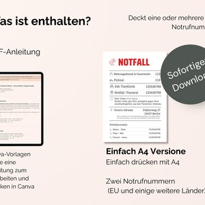 Pu&ograve; includere: Foglio di contatto di emergenza digitale con il testo "NOTFALL" e un elenco di numeri di emergenza. Include una guida PDF, modelli Canva e istruzioni per la modifica e la stampa. Con un pulsante "Sofortiger Download".