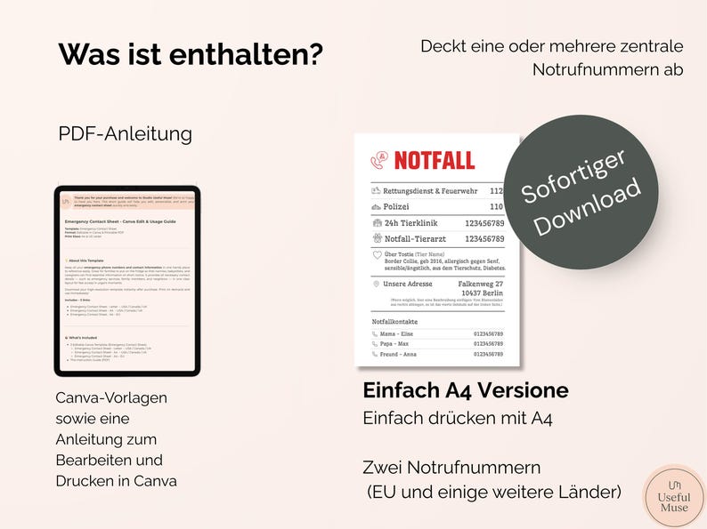 Pu&ograve; includere: Foglio di contatto di emergenza digitale con il testo "NOTFALL" e un elenco di numeri di emergenza. Include una guida PDF, modelli Canva e istruzioni per la modifica e la stampa. Con un pulsante "Sofortiger Download".