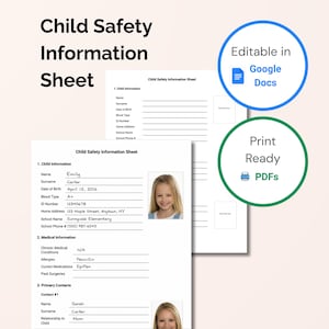 Child Safety Information Sheet | If Found Contact Info for Kids | Emergency Identification Form | Editable Google Docs | Print-Ready PDF