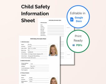 Child Safety Information Sheet | If Found Contact Info for Kids | Emergency Identification Form | Editable Google Docs | Print-Ready PDF