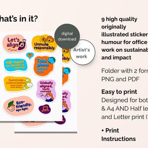 May include: Digital download of stickers with humorous office-related phrases. The stickers are colorful and feature text like "Let's align" and "Unmute responsibly." The design includes a variety of shapes and illustrations, perfect for office work.