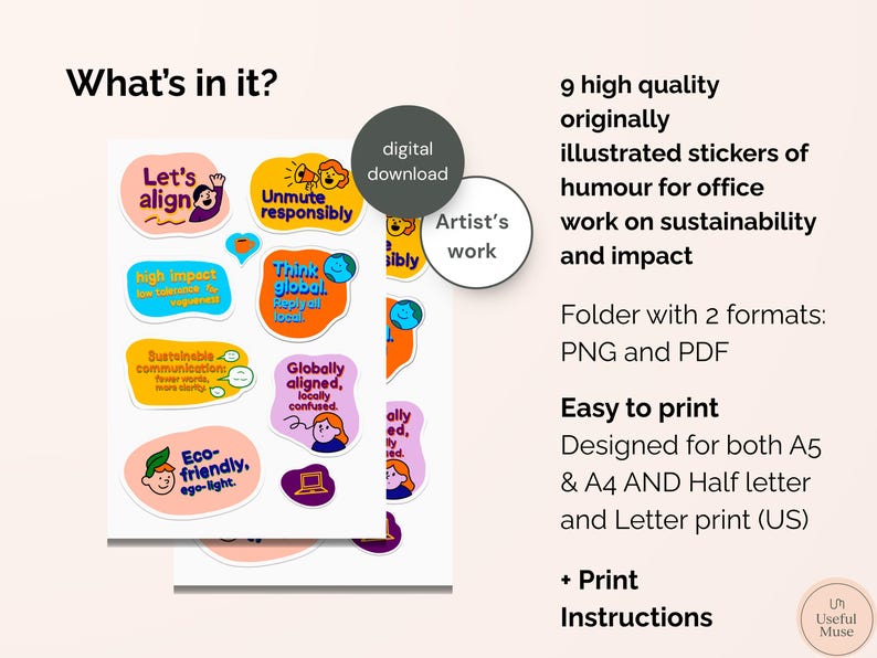 May include: Digital download of stickers with humorous office-related phrases. The stickers are colorful and feature text like "Let's align" and "Unmute responsibly." The design includes a variety of shapes and illustrations, perfect for office work.