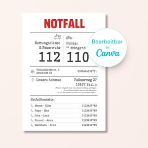 Notfallkontakt-Übersicht • Babysitter-Info Vorlage • Familien-Notfallformular • Sicherheitsblatt für Kinder • Bearbeitbare Canva-PDF