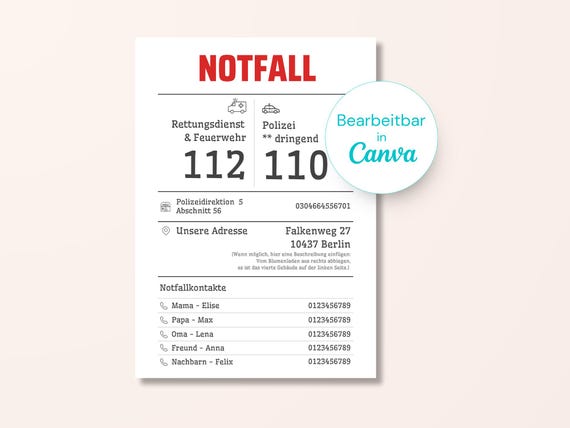 Notfallkontakt-Übersicht • Babysitter-Info Vorlage • Familien-Notfallformular • Sicherheitsblatt für Kinder • Bearbeitbare Canva-PDF