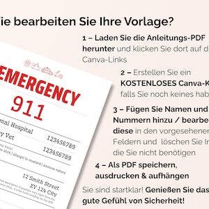 Pu&ograve; includere: Un modello di contatto di emergenza bianco con le parole "EMERGENCY 911" in grandi lettere rosse. Il modello include sezioni per un ospedale per animali, un contatto veterinario e informazioni personali. Sono incluse anche le istruzioni.