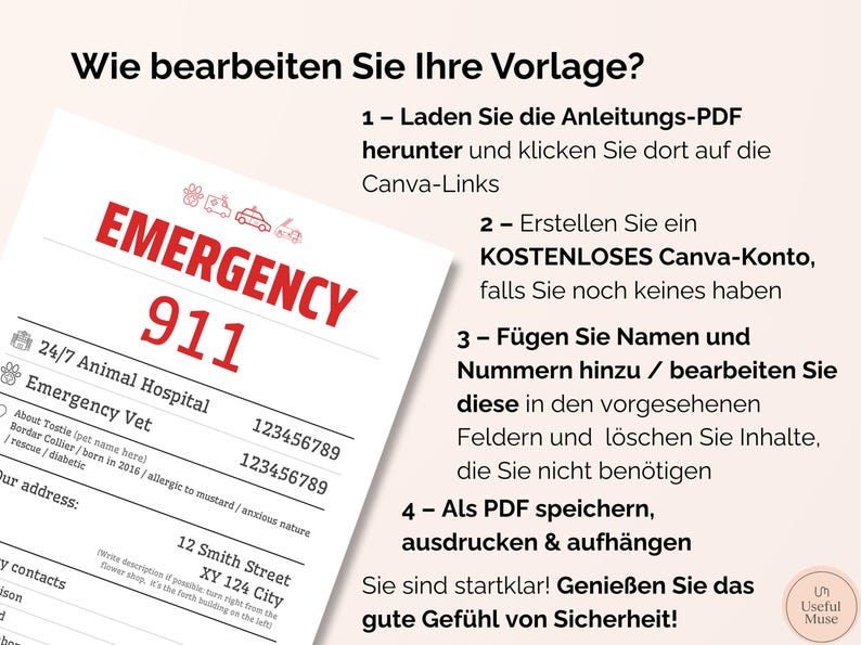 Pu&ograve; includere: Un modello di contatto di emergenza bianco con le parole "EMERGENCY 911" in grandi lettere rosse. Il modello include sezioni per un ospedale per animali, un contatto veterinario e informazioni personali. Sono incluse anche le istruzioni.