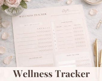May include: A beige wellness tracker with sections for self-care, sleep, and habit tracking. The text "Wellness Tracker" and "Improve Your Self-Care & Productivity" are displayed at the bottom. The image includes pens, a small bowl with paper clips, and a vase of pink roses.