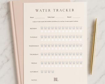 May include: A beige water tracker with the words "WATER TRACKER" at the top. The tracker has spaces for each day of the week, with small glass icons to mark water intake. A gold pen rests on the right side.