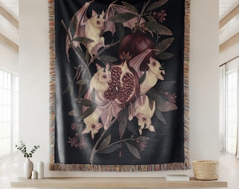 Gothic Vampire Bat Pomegranate Woven Blanket, Dark Academia Fantasy Jacquard Throw for Spooky Home Decor & Witchy Gifts