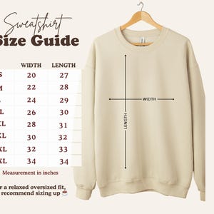 Sweatshirt size guide with width and length measurements for sizes S to 5XL.