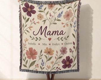 Personalized Mama Woven Blanket And Woven Tapestry, Floral Botanical Throw Blanket, Mother's Day Gift for Mom, Cottagecore Sofa Throw