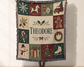 Personalized Christmas Woven Blanket, Custom Name Jacquard Woven Throw, Vintage Holiday Decor, Cozy Winter Bed Blanket Christmas Gift