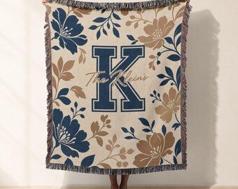 Custom Monogram Woven Blanket, Floral Jacquard Woven Throw, Family Name Tapestry, Personalized Botanical Bed Throw, Housewarming Gift