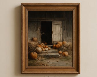 Rustic Farmhouse Pumpkin Art, Cozy Autumn Harvest Scene Painting (Digital Download) 103