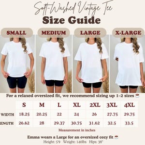 Soft-washed vintage tee size guide with measurements for S through 4XL.