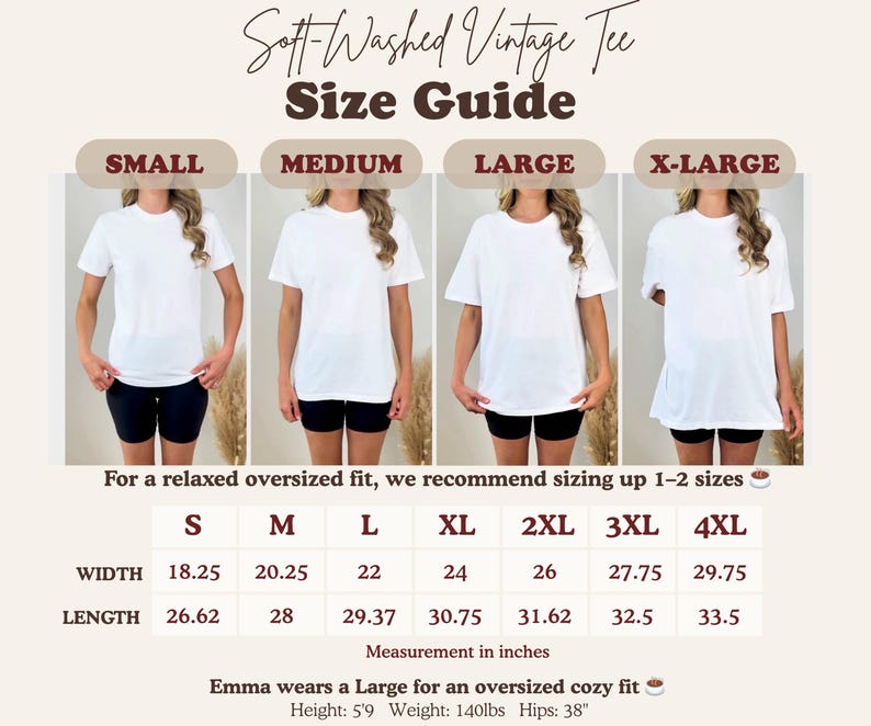 Soft-washed vintage tee size guide with measurements for S through 4XL.