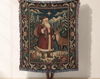 Vintage Santa Claus Woven Blanket, Jacquard Woven Throw Christmas Tapestry, Holiday Sofa Decor, Woodland Winter Bed Blanket, Cozy Xmas Gift