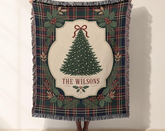Christmas Plaid Woven Blanket And Woven Tapestry, Holiday Tree Jacquard Woven Throw, Vintage Family Winter Sofa Throw, Holiday Home Decor