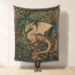 Fantasy Dragon Woven Blanket, Medieval Tapestry Throw, Fairycore Forest Dragon Queen Cotton Blanket, Cottagecore Home Decor