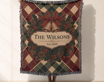 Personalized Christmas Woven Blanket, Tartan Plaid Jacquard Woven Throw, Custom Family Woven Tapestry, Vintage Holiday Sofa Decor Gift