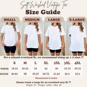Soft-washed vintage tee size guide with measurements for S-4XL.
