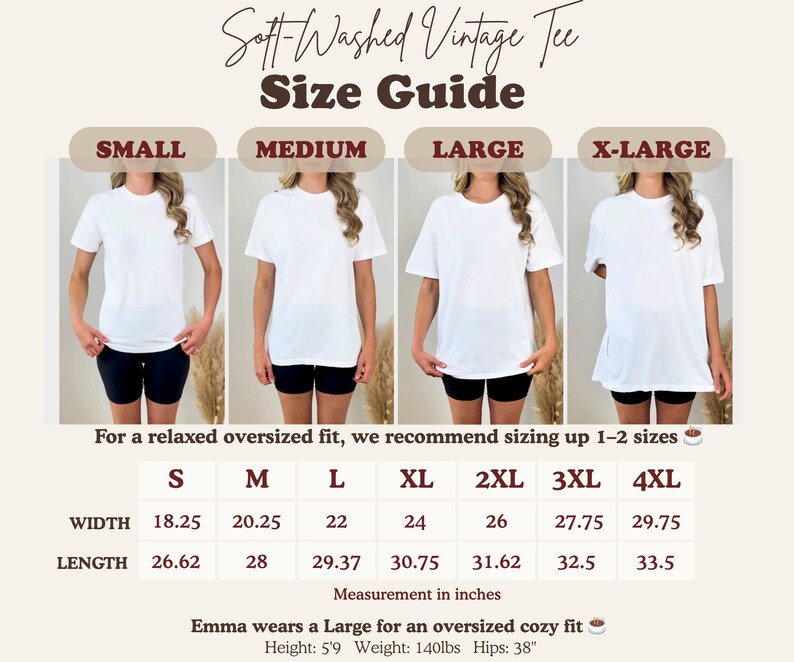 Soft-washed vintage tee size guide with measurements for S-4XL.