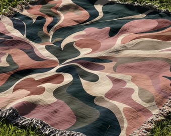 Retro Abstract Woven Blanket, Jacquard Woven Throw Bed Spread, Boho Floral Woven Tapestry, Earthy Mid Century Decor, Housewarming Gift