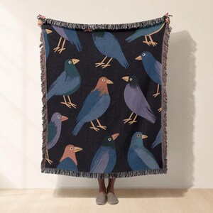 Abstract Bird Pattern Woven Blanket, Midnight Blue Cotton Throw, Crow Lover Gift, Indie Folk Home Decor, Boho Sofa Blanket