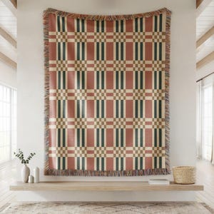 Modern Plaid Woven Blanket, Rust Brown & Cream Stripe Cotton Throw, Farmhouse Living Room Art Decor Blanket