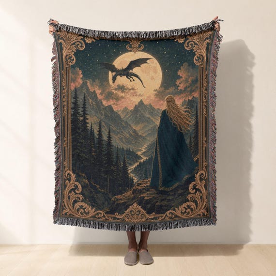 Woven Blanket Dragon Moon Fantasy Art Cozy Throw | Medieval Magical Landscape Decor | Dark Academia Cotton Blanket Gift