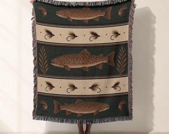 Fly Fishing Woven Blanket, Trout Fish Jacquard Woven Throw, Cabin Decor Bed Blanket, Rustic Lake House Wall Hanging, Gift for Fisherman