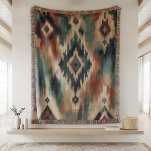 Abstracte geometrische ikat geweven deken, tribale boho plaid, boho woondecoratie, rustiek zuidwestelijk wandtapijt