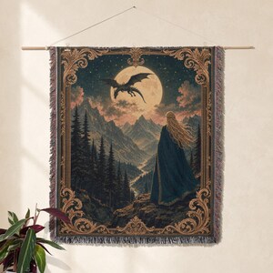 Tapestry with dragon and woman overlooking a moonlit mountain landscape.
