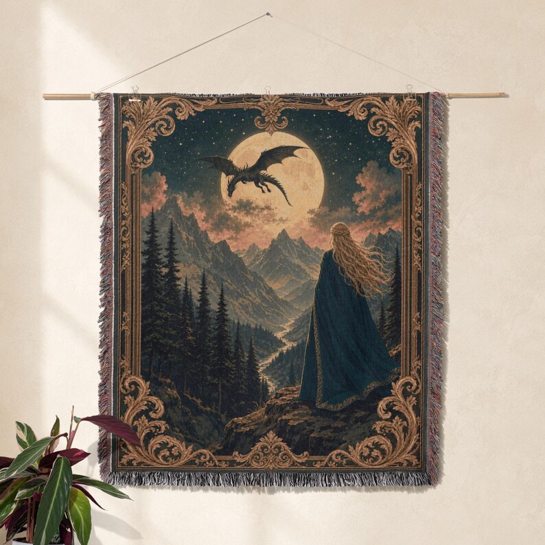 Tapestry with dragon and woman overlooking a moonlit mountain landscape.