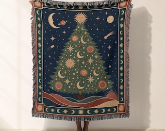 Celestial Christmas Tree Woven Blanket, Vintage Yule Woven Tapestry, Jacquard Woven Throw, Whimsigoth Solstice Holiday Sofa Bed Decor