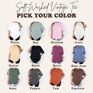 Soft-washed vintage tee color options: white, bay, blossom, ivory, butter, black, berry, blue jean, moss, pepper, yam, espresso.
