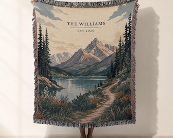 Custom Mountain Woven Blanket Woven, National Park Anniversary Gift , Couples Last Name Adventurous Hiking Wedding Forest Cotton Throw