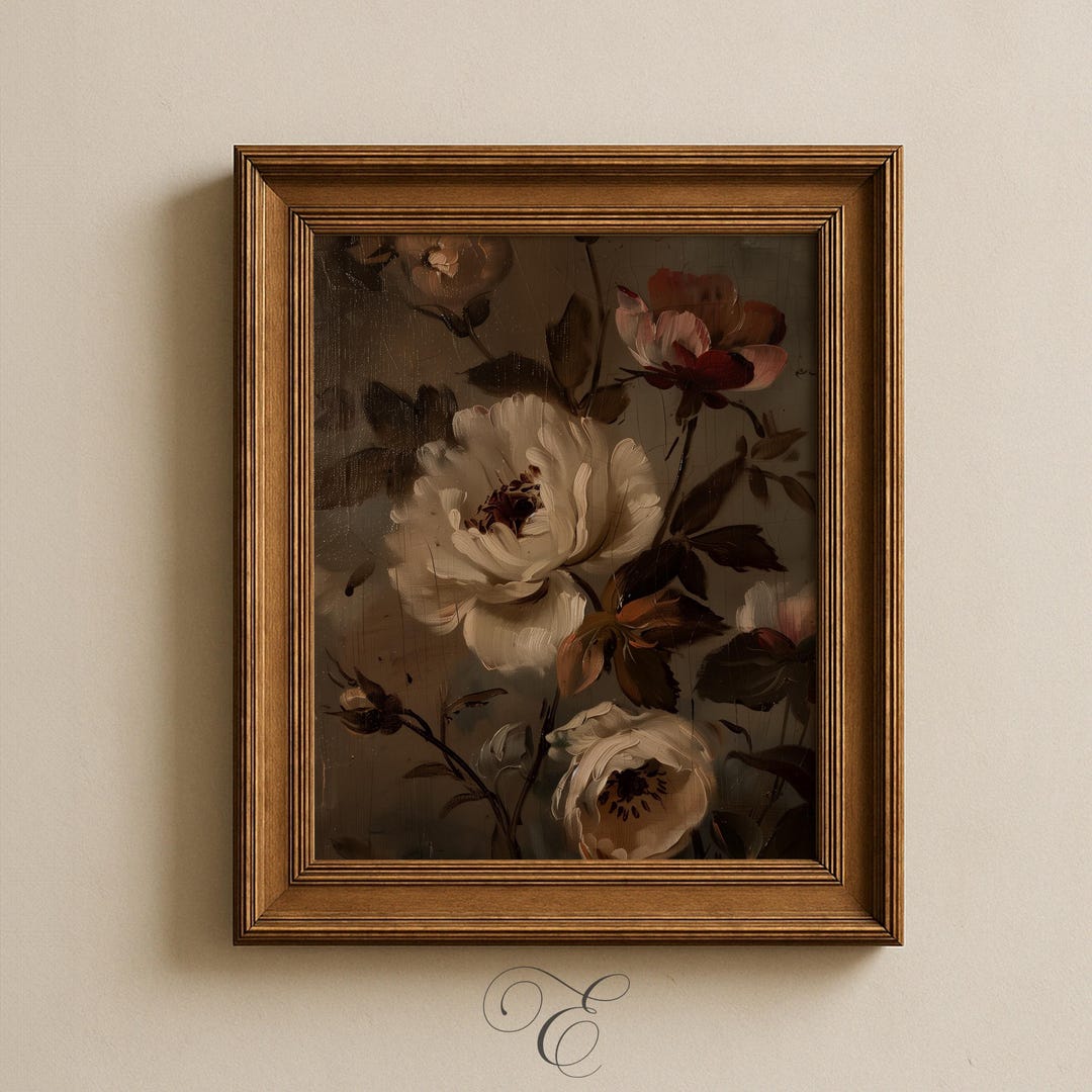 Vintage Rose Botanical Art, Moody Floral Still Life Painting (digital ...